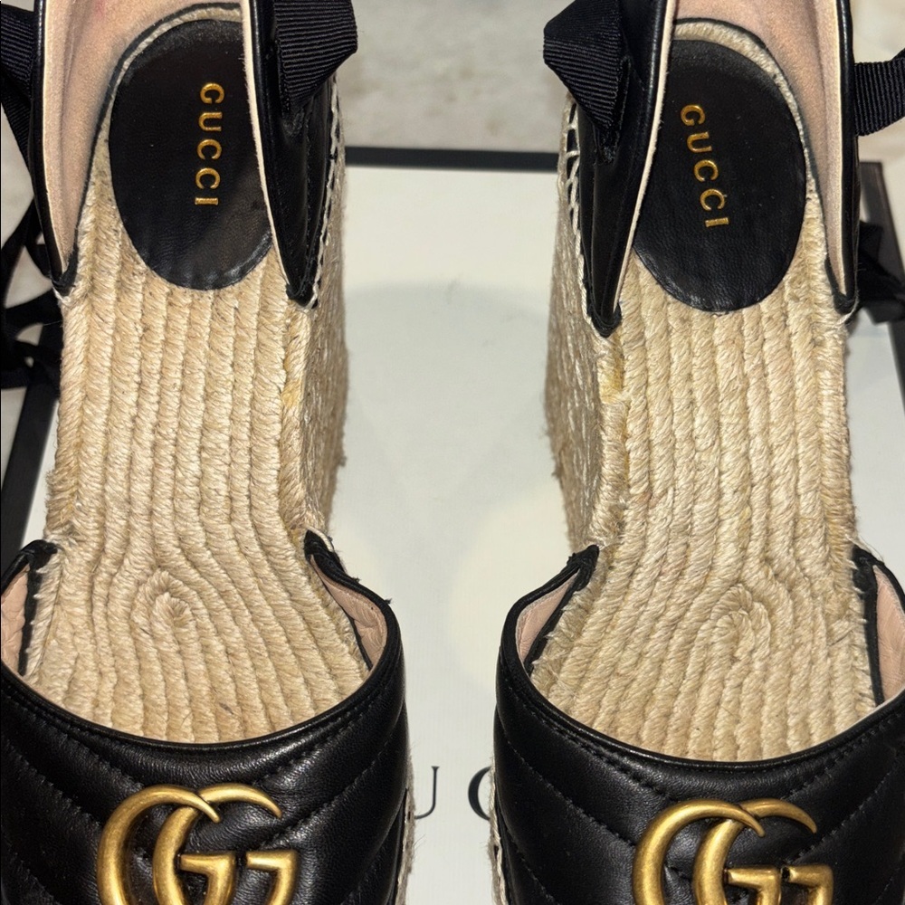 Gucci Black Matelasse Leather GG Marmont Espadrille Ankle-Tie Wedges - Picture 16 of 16